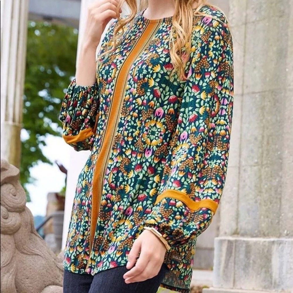 Matilda Jane Floral Blouse Brown‎ Trim Long Sleeve Top Bohemian S